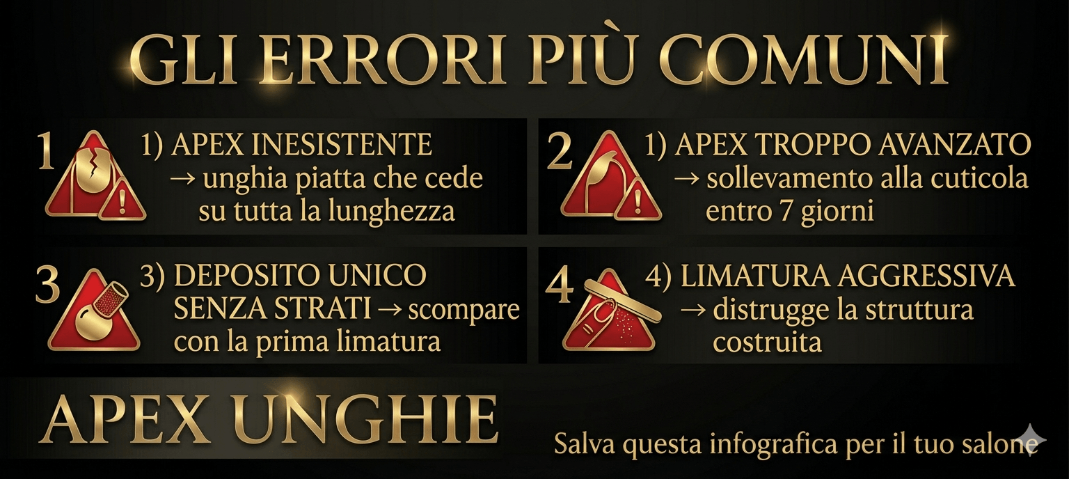 infografica con gli errori più comuni nella costruzione dell'apex unghie e come correggerli